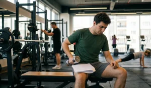 Spor salonunun ağırlık bölümünde, spora yeni başlayanlar için program kağıdına bakarak dambıl ile kol egzersizi (biceps curl) yapan fit bir erkek sporcu.